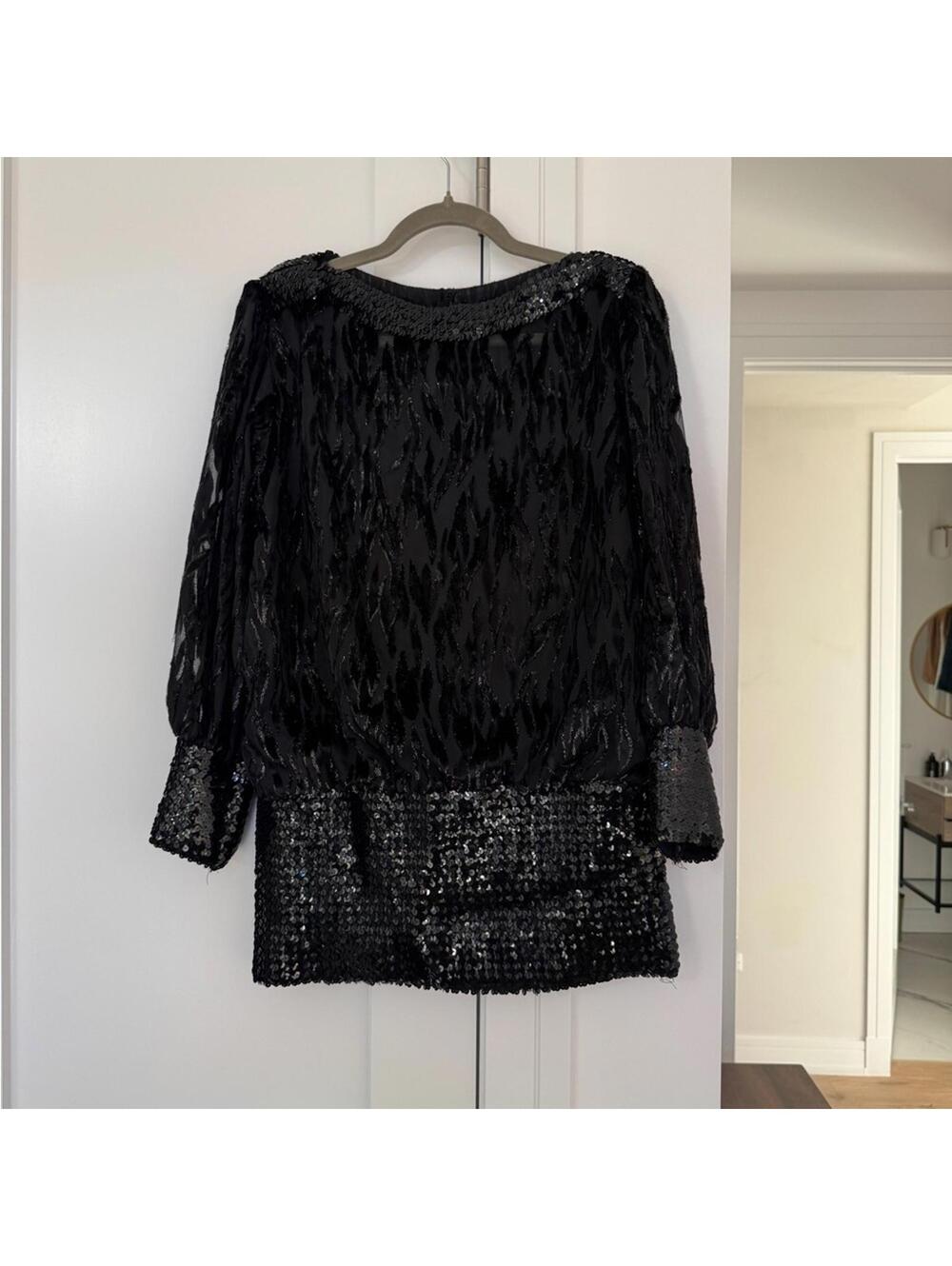 Vintage Black Sequin Long Sleeve Micro Mini Dress XS